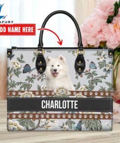 Samoyed Dog Bior Leather Handbag With Flowers And Butterfly