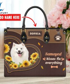 Samoyed Dog Kisses Fix Everything Leather Handbag