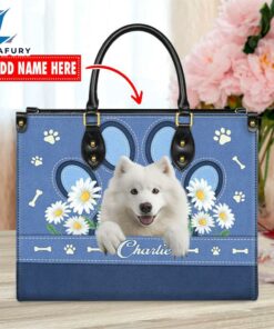 Samoyed Dog Lover Leather Bag With Daisy Flowers