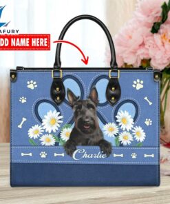Scottish Terrier Dog Lover Leather Bag With Daisy Flowers