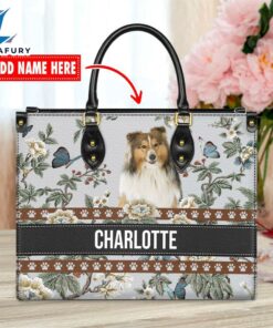 Shetland Sheep Dog Bior Leather Handbag With Flowers And Butterfly