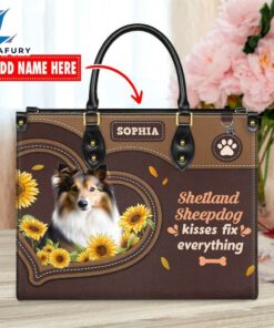 Shetland Sheepdog Dog Kisses Fix Everything Leather Handbag