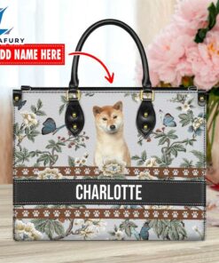 Shiba Inu Dog Bior Leather Handbag With Flowers And Butterfly