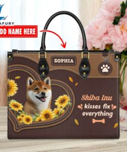 Shiba Inu Dog Kisses Fix Everything Leather Handbag