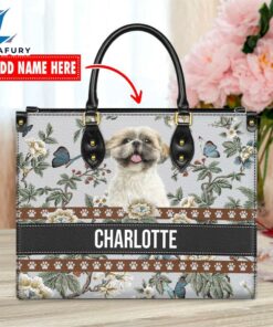 Shih Tzu Dog Bior Leather Handbag With Flowers And Butterfly
