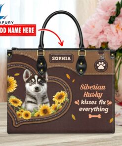 Siberian Husky Dog Kisses Fix Everything Leather Handbag