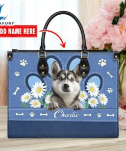 Siberian Husky Dog Lover Leather Bag With Daisy Flowers