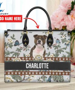 Staffordshire Bull Terrier Dog Bior Leather Handbag With Flowers And Butterfly