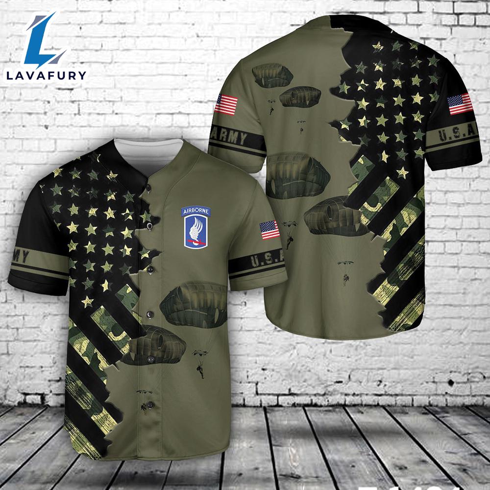 US Army Paratroopers 173rd Airborne Brigade Combat Team descend over the 7th Army Baseball Jersey 4TH Of July US Army Paratroopers 173rd Airborne Brigade Combat Team descend over the 7th Army Baseball Jersey 4TH Of July