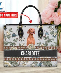 Vizsla Dog Bior Leather Handbag With Flowers And Butterfly