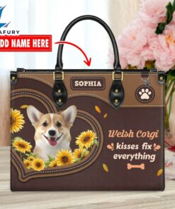 Welsh Corgi Dog Kisses Fix Everything Leather Handbag