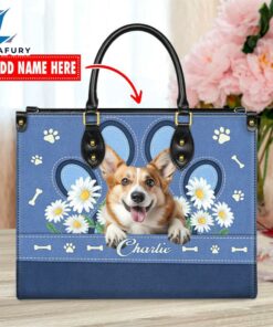 Welsh Corgi Dog Lover Leather Bag With Daisy Flowers