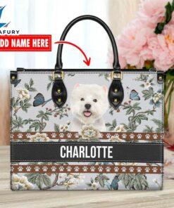 West Highland White Terrier Dog Bior Leather Handbag With Flowers And Butterfly