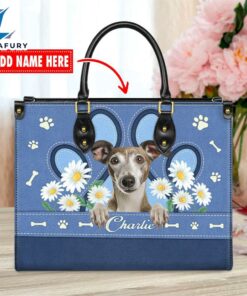 Whippet Dog Lover Leather Bag With Daisy Flowers