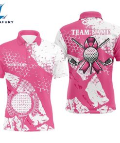 White & Pink Ribbon Retro Mens Golf Polo Shirts Custom Breast Cancer , Golf Attire
