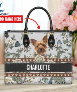 Yorkshire Terrier Dog Bior Leather Handbag With Flowers And Butterfly