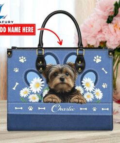 Yorkshire Terrier Dog Lover Leather Bag With Daisy Flowers