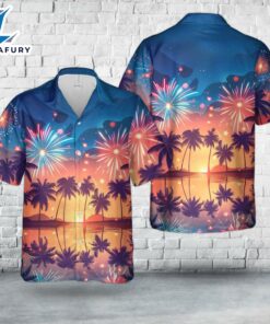 4th Of July Beach Party With Fireworks Over Palm Trees And The Ocean Hawaiian Shirt