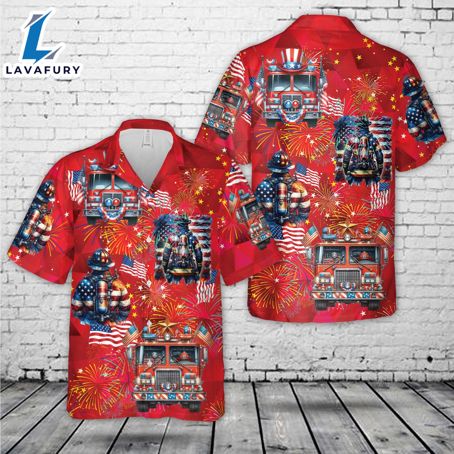 4th Of July Fire Truck Firefighter Hawaiian Shirt Gift Summer 4th Of July Fire Truck Firefighter Hawaiian Shirt Gift Summer