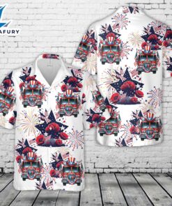 American Flag Flower Patriotic Fire Trucks, 4th Of July Hawaiian Shirt