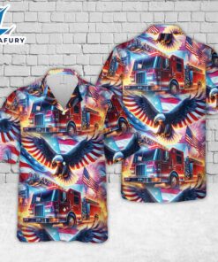 Fire Truck Patriot Eagle 4th Of July Hawaiian Shirt