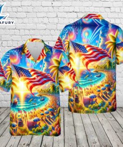 Palm Trees And Beach On A Sunny 4th Of July Hawaiian Shirt
