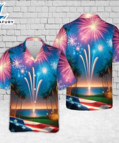 Palm Trees Fireworks With USA Flag 4th of July 1 Hawaiian Shirt