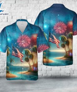Palm Trees Fireworks With USA Flag 4th of July 2 Hawaiian Shirt