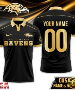 Custom Name Number Baltimore Ravens NFL Black And Gold Polo Shirt