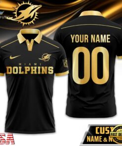 Custom Name Number Miami Dolphins NFL Black And Gold Polo Shirt