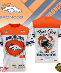 Denver Broncos NHL Girl Heart & Helmet 3D T-Shirt For Fans