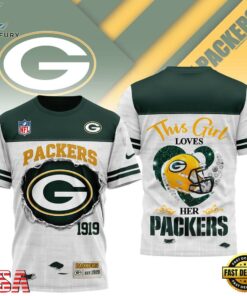 Green Bay Packers NHL Girl Heart & Helmet 3D T-Shirt For Fans