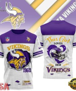 Minnesota Vikings NHL Girl Heart & Helmet 3D T-Shirt For Fans