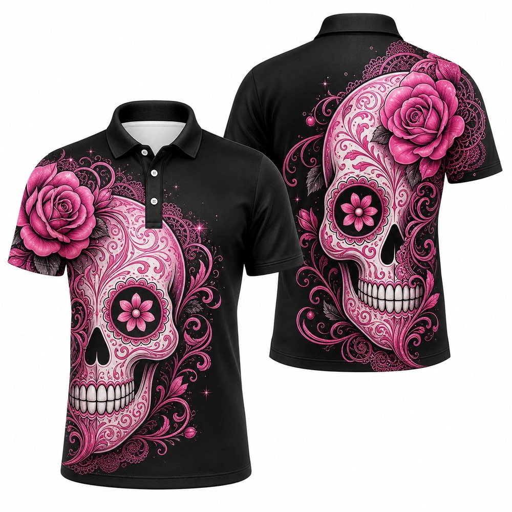 Pink Sugar Skull Bowling Polo Shirts 1 Pink Sugar Skull Bowling Polo Shirts