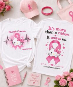 Hello Kitty Together in Pink Breast Cancer Awareness Ribbon, Heartbeat & Unity Front and Back T Shirt , Trending Music 3D Tee Hello Kitty Together IN Pink Breast Cancer Awareness Ribbon Heartbeat Unity Front And Back T Shirt