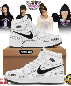 Aespa x BAPE Signed 2026 Limited Edition White Air Jordan 1 Shoes , Music Shoes Aespa X Bape Signed 2026 Limited Edition White Air Jordan 1 Shoes