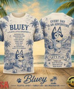 Bluey Playful Spirit Palm Print 2026 Vintage 3D Shirt , Trending Music 3D Tee Bluey Playful Spirit Palm Print 2026 Vintage 3D Shirt