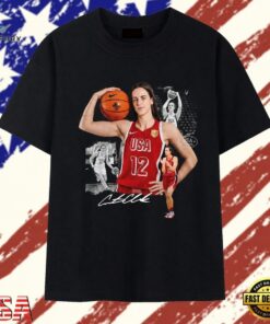 Caitlin Clark USA Basketball #12 Signature Photo Collage Graphic T Shirt, Trendy 2D Print Shirt Caitlin Clark Usa Basketball 12 Signature Photo Collage Graphic T Shirt