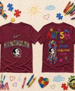 Florida State Seminoles NCAA Autism Awareness Puzzle Ribbon T Shirt , NCAA 3D Graphic Tee Florida State Seminoles Ncaa Autism Awareness Puzzle Ribbon T Shirt