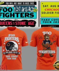 Foo Fighters x Chicago Bears Take Cover Tour 2026 New Design 3D Shirt , Music Design T Shirt Foo Fighters X Chicago Bears Take Cover Tour 2026 New Design 3D Shirt