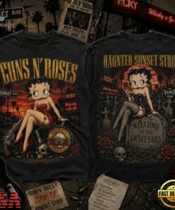 Guns N’ Roses x Betty Boop Haunted Sunset Halloween 3D Shirt , Trending Music 3D Tee Guns N Roses X Betty Boop Haunted Sunset Halloween 3D Shirt