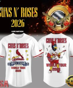 Guns N' Roses x St. Louis Cardinals World Tour 2026 Mascot White Deisgn Baseball Jersey, Music Artist Baseball Jersey Guns N Roses X ST Louis Cardinals World Tour 2026 Mascot White Deisgn Baseball Jersey