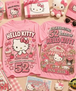 Hello Kitty 52nd Anniversary Sweet Friendship Graphic Shirt , Trending Music 3D Tee Hello Kitty 52nd Anniversary Sweet Friendship Graphic Shirt