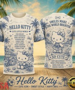 Hello Kitty Blue Palm Trees Vintage Storybook 2026 Vintage 3D Shirt , Trending Music 3D Tee Hello Kitty Blue Palm Trees Vintage Storybook 2026 Vintage 3D Shirt