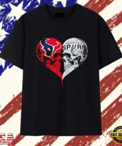 Houston Texans x San Antonio Spurs skulls face to face heart shape distressed T Shirt , Trendy 2D Print Shirt Houston Texans X San Antonio Spurs Skulls Face TO Face Heart Shape Distressed T Shirt
