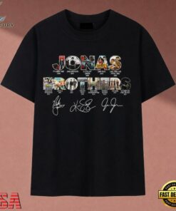 Jonas Brothers Album Title Collage Signatures Music Tour T Shirt, Music 2D Graphic Tee Jonas Brothers Album Title Collage Signatures Music Tour T Shirt