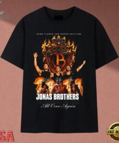 Jonas Brothers All Over Again Tour Flame Graphic Signatures T Shirt, Music 2D Graphic Tee Jonas Brothers All Over Again Tour Flame Graphic Signatures T Shirt