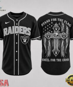Las Vegas Raiders NFL Stand For The Flag Kneel For The Cross Baseball Jersey Shirt , NFL Baseball Shirt Las Vegas Raiders Nfl Stand For The Flag Kneel For The Cross Baseball Jersey Shirt