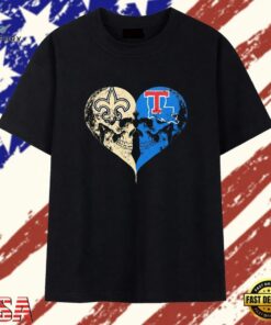 New Orleans Saints x Louisiana Tech Bulldogs skulls face to face heart shape T Shirt , Trendy 2D Print Shirt New Orleans Saints X Louisiana Tech Bulldogs Skulls Face TO Face Heart Shape T Shirt