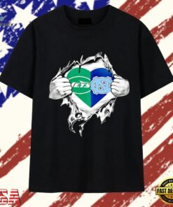 New York Jets and North Carolina Tar Heels mashup heart with Superman chest rip T Shirt, Trendy 2D Print Shirt New York Jets And North Carolina Tar Heels Mashup Heart With Superman Chest Rip T Shirt